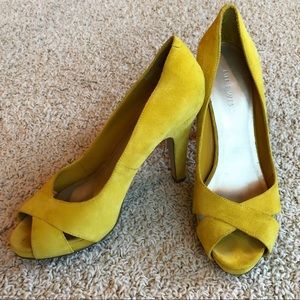 Truly unique. Yellow Suede heels. Gently worn.